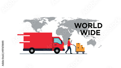 Logistics and global shipping service with a red delivery truck, courier worker, and a world map on a white background.