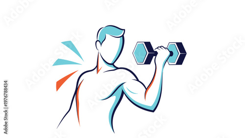 Man lifting a blue dumbbell with his arm flexed representing fitness, strength training, and a healthy athletic lifestyle.