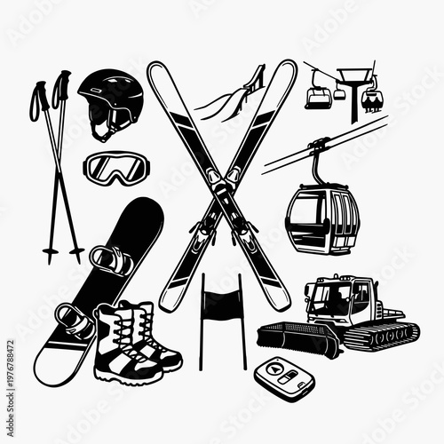 Ski and winter sport icon set featuring snowboard, cable car, snow groomer, and helmet