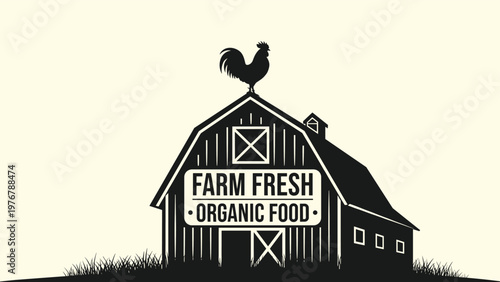 Silhouette of a traditional farm barn with a rooster weather vane and an organic food sign isolated on a light background.
