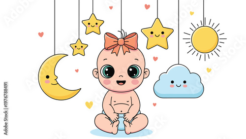 Adorable illustration of a baby girl with a bow sitting among hanging celestial toys like the moon, stars, and sun.