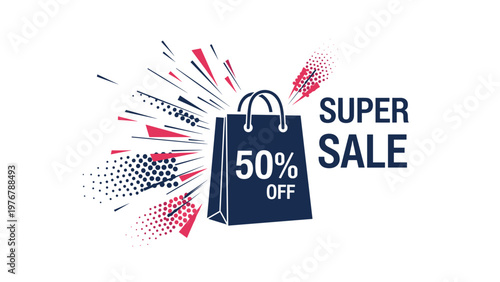 Promotional graphic featuring a navy blue shopping bag with fifty percent off text and a colorful explosion for a super sale.