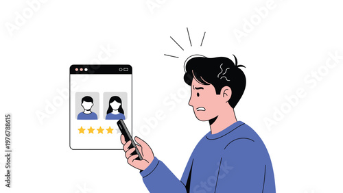Man looking stressed and worried while checking low star ratings and negative user profiles on his smartphone screen.