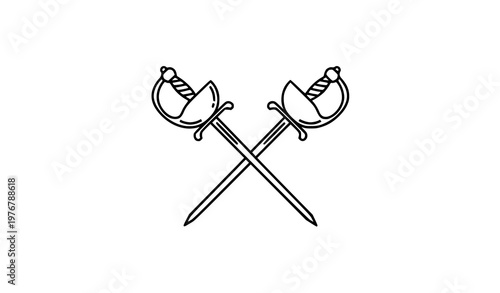 Title:
Crossed rapiers outline icon elegant fencing swords line art vector isolated on white background