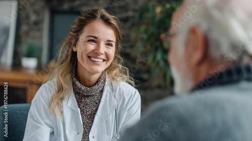 A smiling female doctor consults with an elderly male patient.