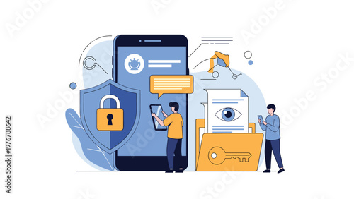 Cybersecurity and data protection concept with people managing digital locks, keys, and documents on a large smartphone screen.
