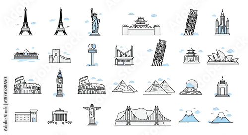 Collection of iconic landmarks and famous monuments from around the world in line art