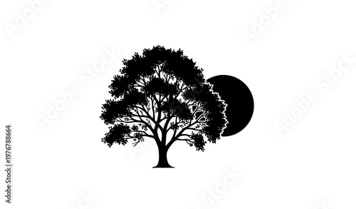 Tree with rising sun silhouette vector nature landscape eco symbol isolated on white