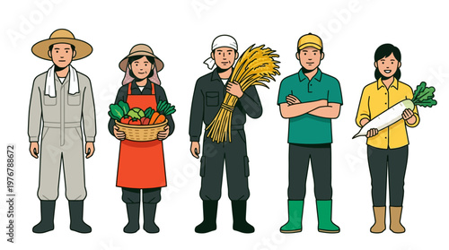 Set of Asian Farmers Characters with Fresh Vegetables and Harvested Rice Illustration