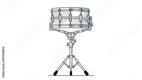Detailed technical drawing of a snare drum mounted on a professional adjustable tripod stand isolated on a white background.