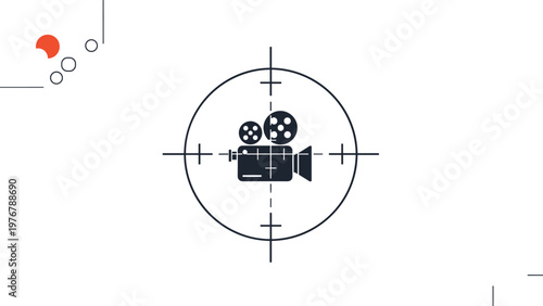 Video camera icon centered within a round lens viewfinder with focus lines and recording indicator for film production.