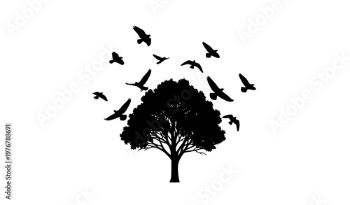 Birds flying around tree silhouette vector nature freedom concept illustration
