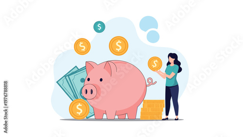 Young woman puts gold coin into large pink piggy bank for financial savings and future investment goals concept.