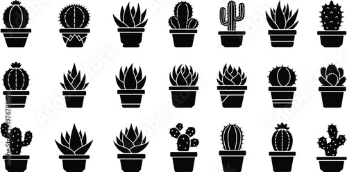 Collection of black silhouette potted cactus and succulent plants potted plant 1