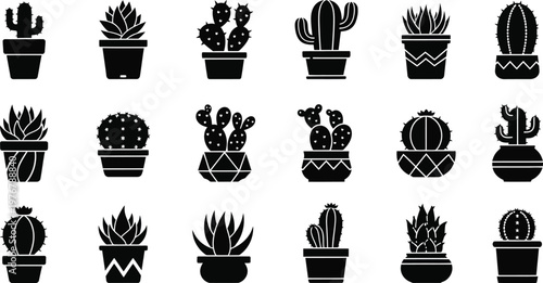 Collection of black silhouette potted cactus and succulent plants potted plant