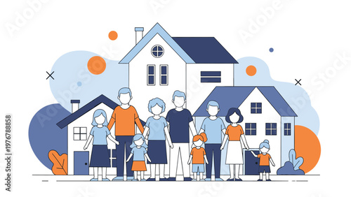 Large happy multi-generational family stands together in front of suburban houses representing community and home life.