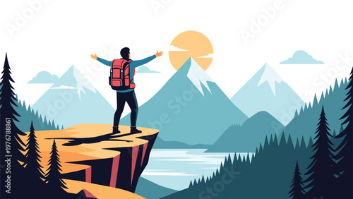 Adventurous traveler with backpack stands on mountain cliff edge looking at scenic valley and peaks at sunset.
