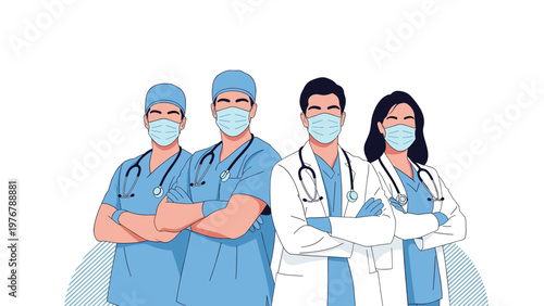 Group of diverse medical doctors and nurses wearing protective masks and scrubs stand together as a healthcare team.