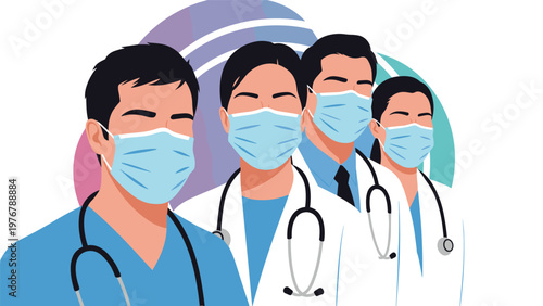 Portrait of medical workers in scrubs and protective face masks with stethoscopes representing healthcare front liners.
