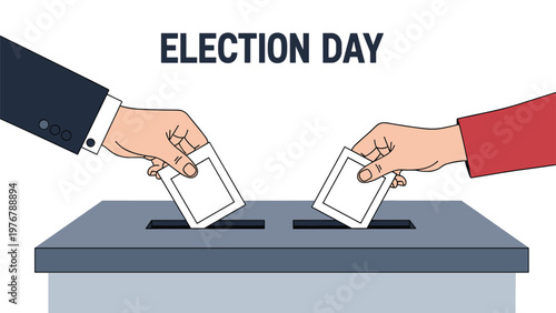 Hands of diverse people dropping paper ballots into a voting box during election day to participate in democracy.