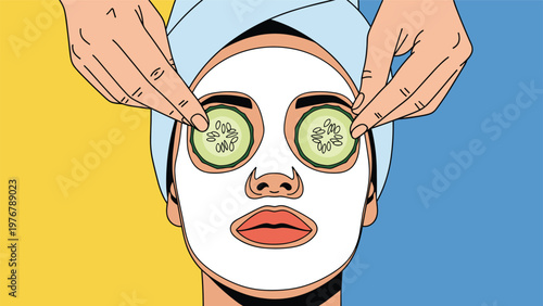 Person receives a relaxing professional facial spa treatment with a white clay mask and cucumber slices over their eyes.