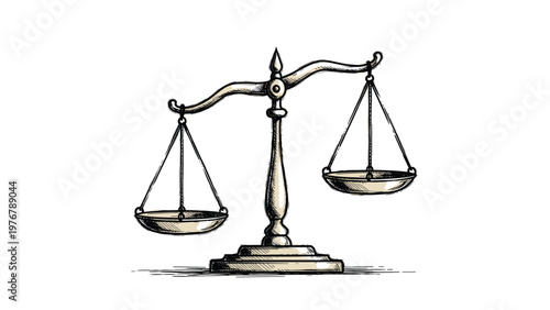 Hand drawn vintage style illustration of a judicial balance scale symbolizes justice, law, and legal equality.