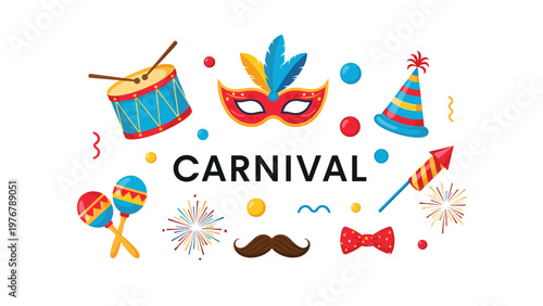 Fun carnival themed graphics featuring a colorful mask, party hat, drum, and festive fireworks for celebration.