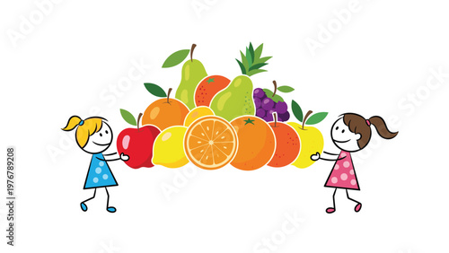 Happy cartoon stick figure children stand together holding a giant pile of colorful fresh fruits for healthy eating.