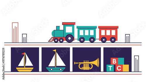 Child playroom shelf featuring a colorful toy train on top and model boats, a trumpet, and building blocks below.