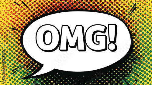 Large speech bubble with the text OMG in a comic book style over a vibrant yellow and green halftone background.