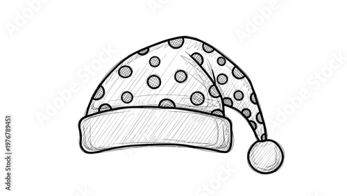 Hand drawn pencil sketch style illustration of a cozy nightcap with polka dots and a soft pom-pom on the tip.