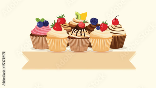 Delicious assortment of various colorful cupcakes topped with fresh berries and cream above a blank tan banner.