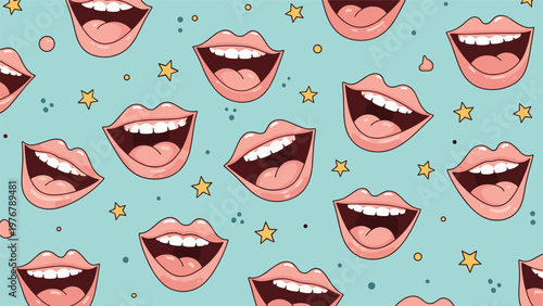 Playful seamless pattern featuring laughing mouths with white teeth and small gold stars on a light teal background.