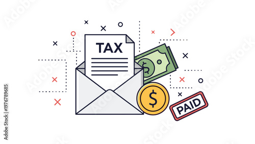 Tax return document inside a white envelope with cash money and a gold dollar coin marked with a red paid stamp icon.