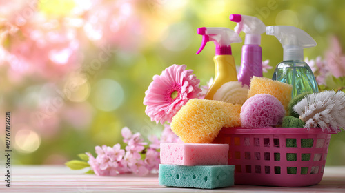 Vibrant spring cleaning supplies artfully arranged outdoors with flowers.