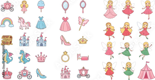 Set of Cute Princess and Fairy Tale Elements with Magical Objects, Dresses, and Accessories in Vector Illustrations for Kids and Fantasy Designs