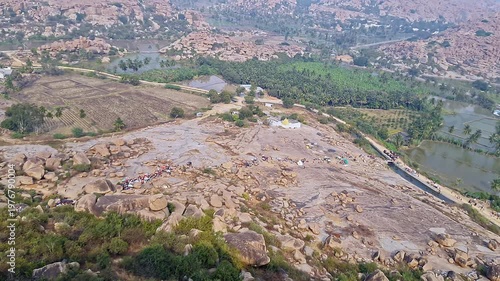 Aerial view of sacred Anjanadri hill landscape in hampi karnataka surrounded by scenic nature