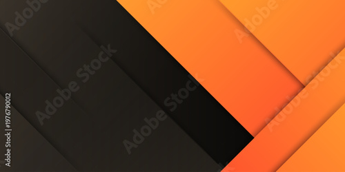 Vibrant orange and black abstract shapes intersect in a dynamic composition.