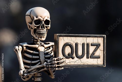 A skeleton holding a quiz sign. It's a Halloween-themed quiz. A dark, shadowy room.