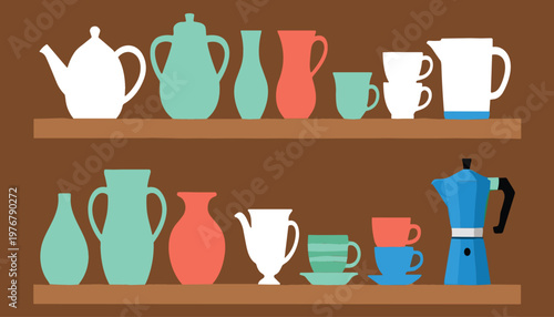 Kitchen Shelf with Teapots Cups and Coffee Maker Vector Set Retro Home Tableware Collection Flat Illustration Design