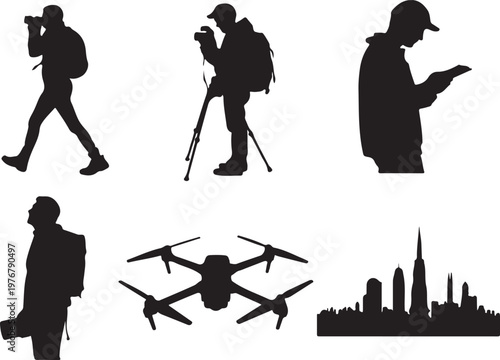 Silhouettes of photographers travelers and drone with city skyline isolated illustration