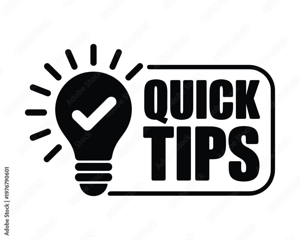 Fototapeta premium Illuminated light bulb symbol with checkmark and quick tips text isolated on transparent background
