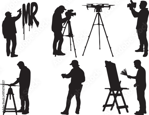 Silhouettes of various professionals working in creative and technical fields illustration