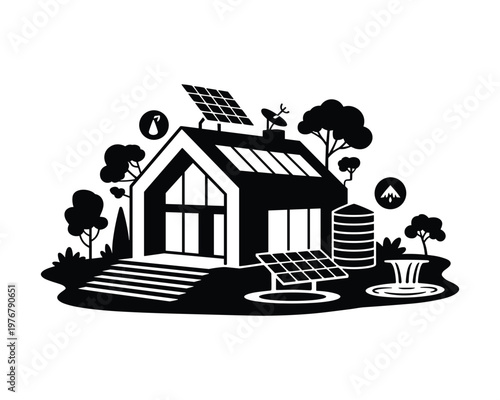 Modern ecofriendly house with solar panels and water management systems surrounded by trees and nature