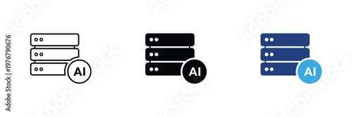 AI data center icon. Server technology symbol with cloud and artificial intelligence concept. Network storage interface design for computing systems and AI infrastructure vector illustration