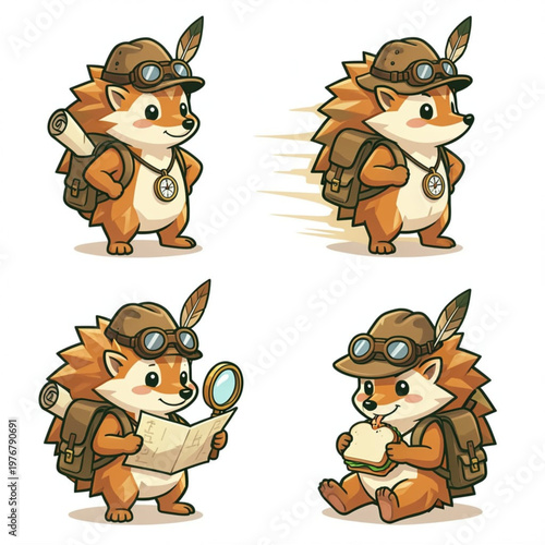 Plucky Hedgehog Explorer with Map Backpack and Compass Vector