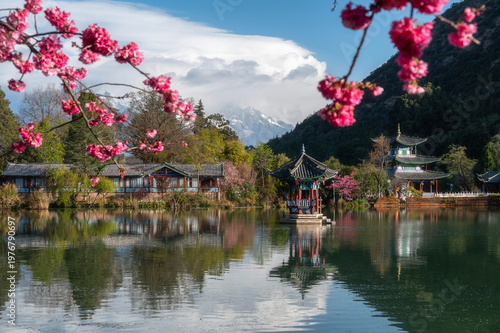 Heilongtan, Black Dragon Pool Garden with Moon Embracing Pavilion and Yulong Snow Mountain in the backdrop, Lijiang, Yunnan, China