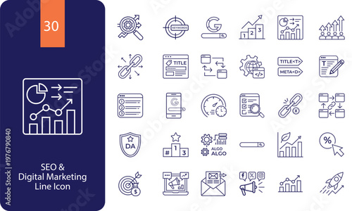 SEO and Digital Marketing Line Icons Set | Digital Marketing and SEO Outline Icons Pack | SEO Optimization and Online Marketing Line Icon Set