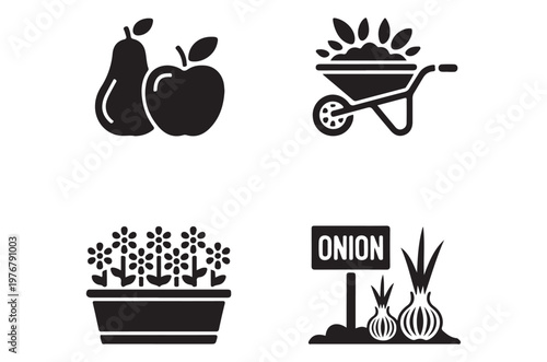 Black silhouette icons depicting fruits vegetables and gardening tools