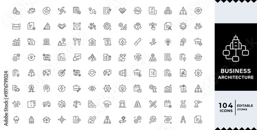 Business Architecture Line Editable Icons set.strategy, methodology, regulation,organizational framework and system design concept visual